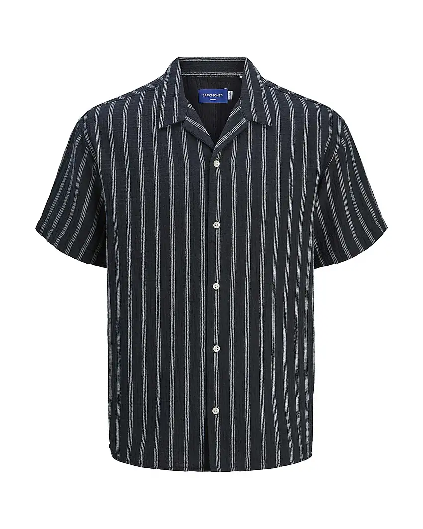 Camicia bowling a mezze maniche blu in tessuto goffrato di puro cotone a righe bianche