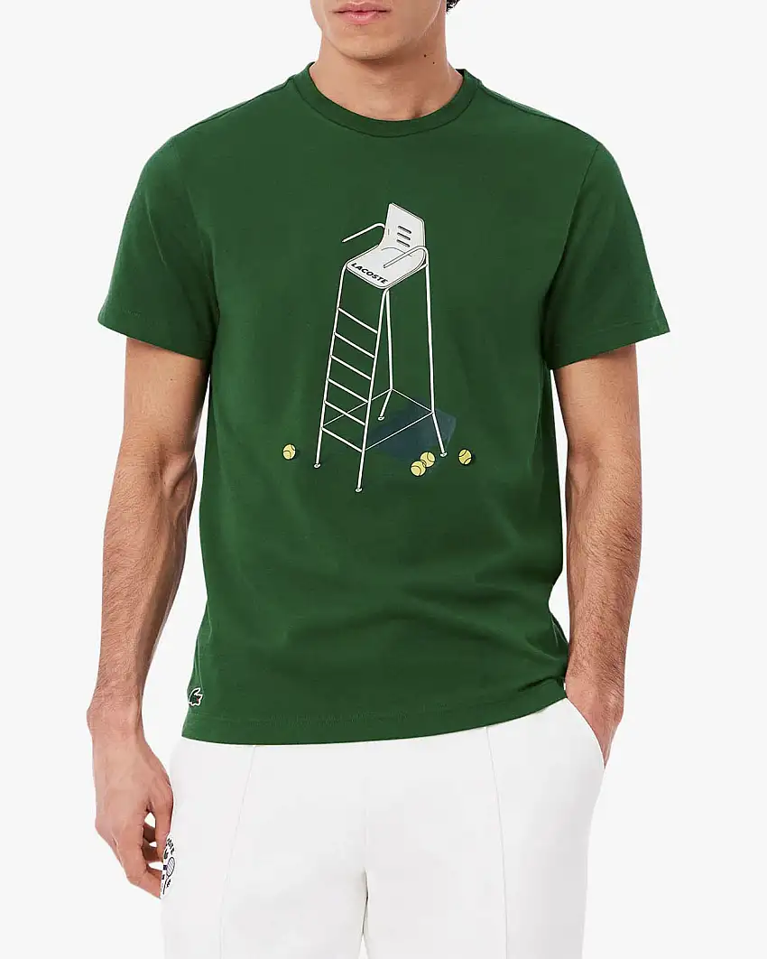T-shirt verde mezza manica in cotone con stampa grafica tennis