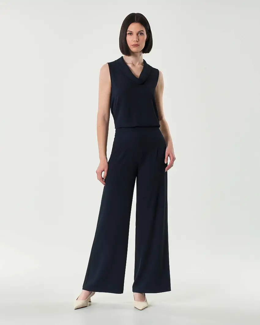 Pantaloni palazzo blu in tessuto stretch fluido a vita media