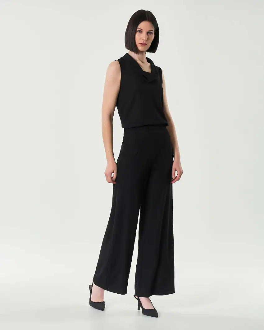 Pantaloni palazzo neri in tessuto stretch fluido a vita media