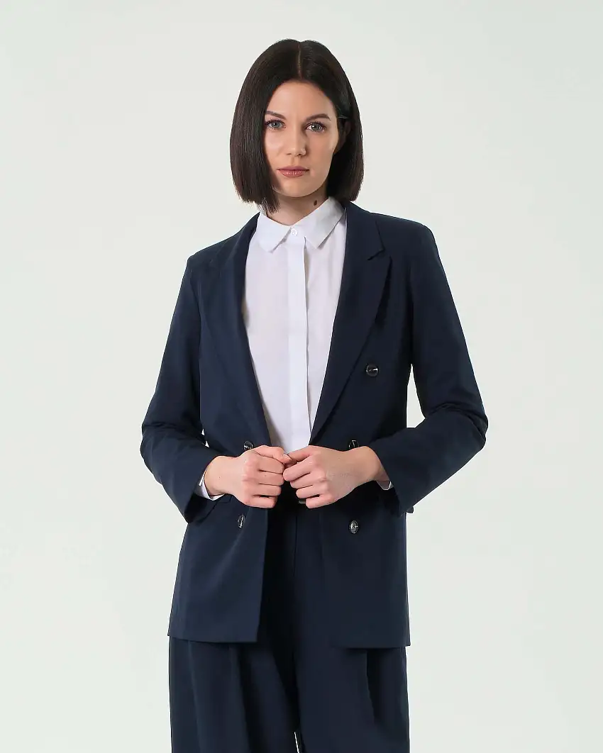 Blazer blu in viscosa viscosa con bottoni applicati finto doppiopetto