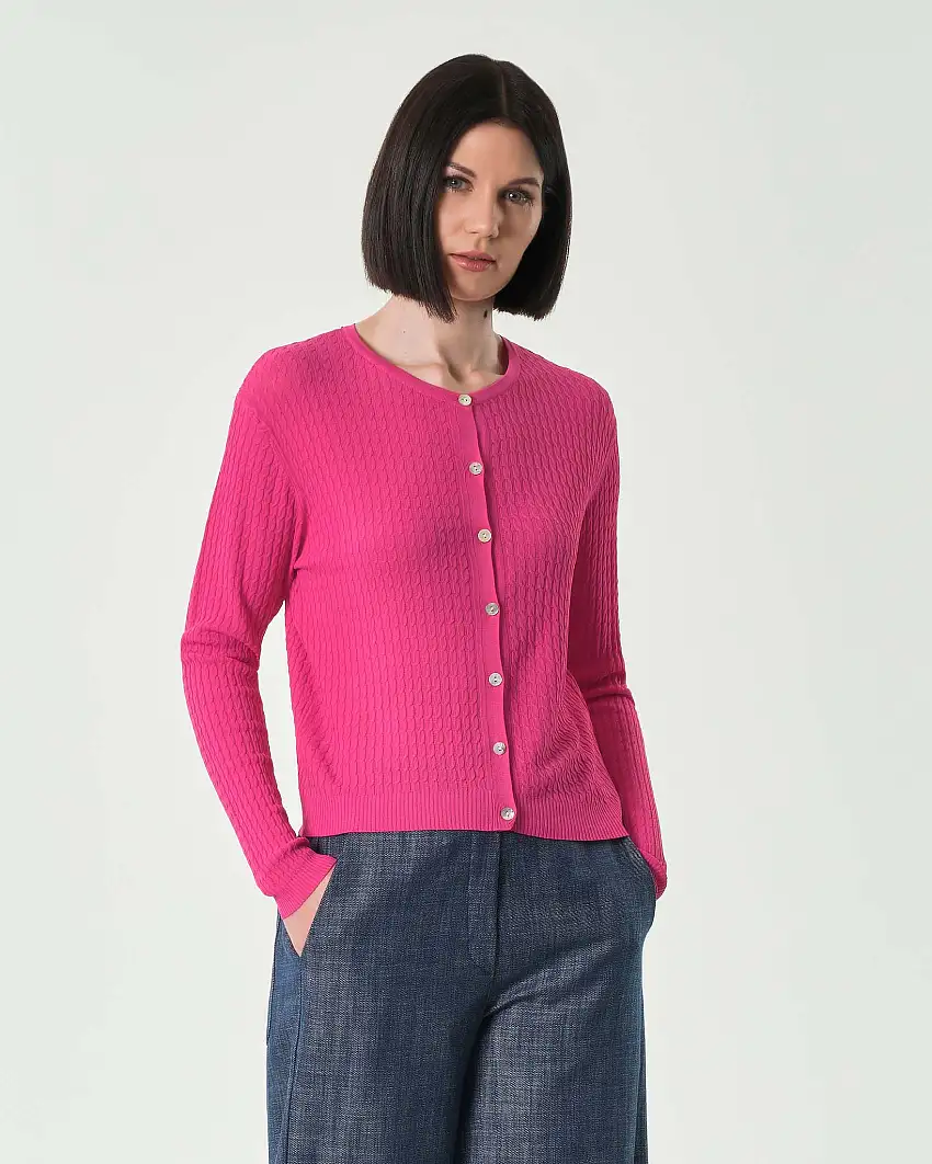 Cardigan fucsia in misto viscosa a treccine con scollo tondo