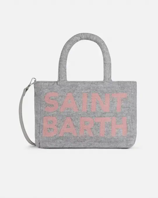 Borsa grigia piccola in lana cotta con scritta logo rosa ricamata con tracolla più lungo removibile