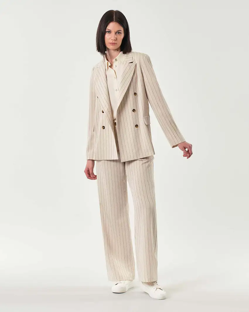 Pantaloni avorio gessato nero in misto viscosa dalla linea straight con pince in vita