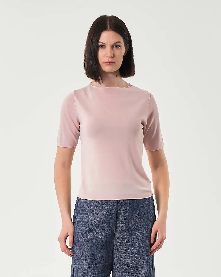 Maglia rosa in misto viscosa con maniche corte e orlo a vivo