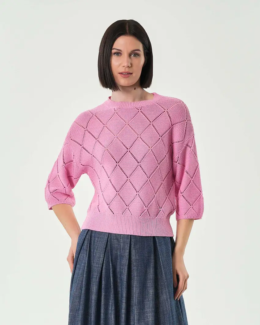 Maglia rosa in misto cotone a lavorazione punzonata a rombi
