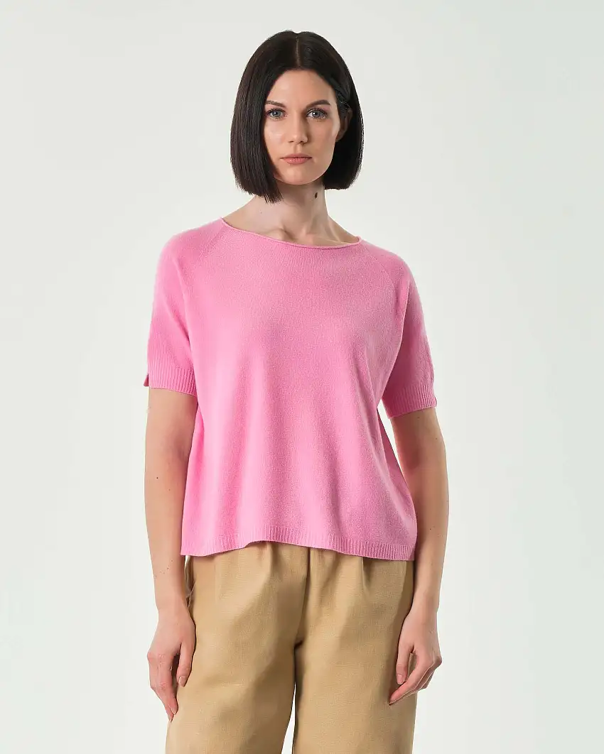 Maglia rosa bubble in misto viscosa a maniche corte con spacchetto sul fondo posteriore