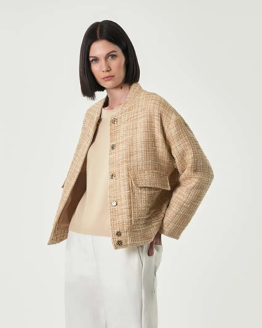 Bomber beige in stuoia di misto cotone con inserto in lurex con colletto a listino