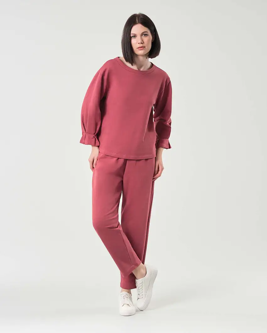 Pantaloni color ruggine in felpa di cotone garzato dalla linea dritta con elastico in vita