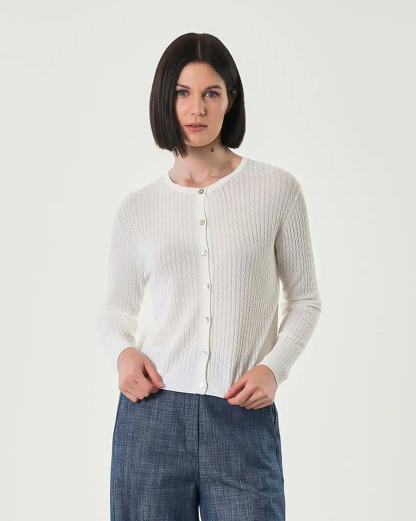 Cardigan bianco in misto viscosa a treccine con scollo tondo