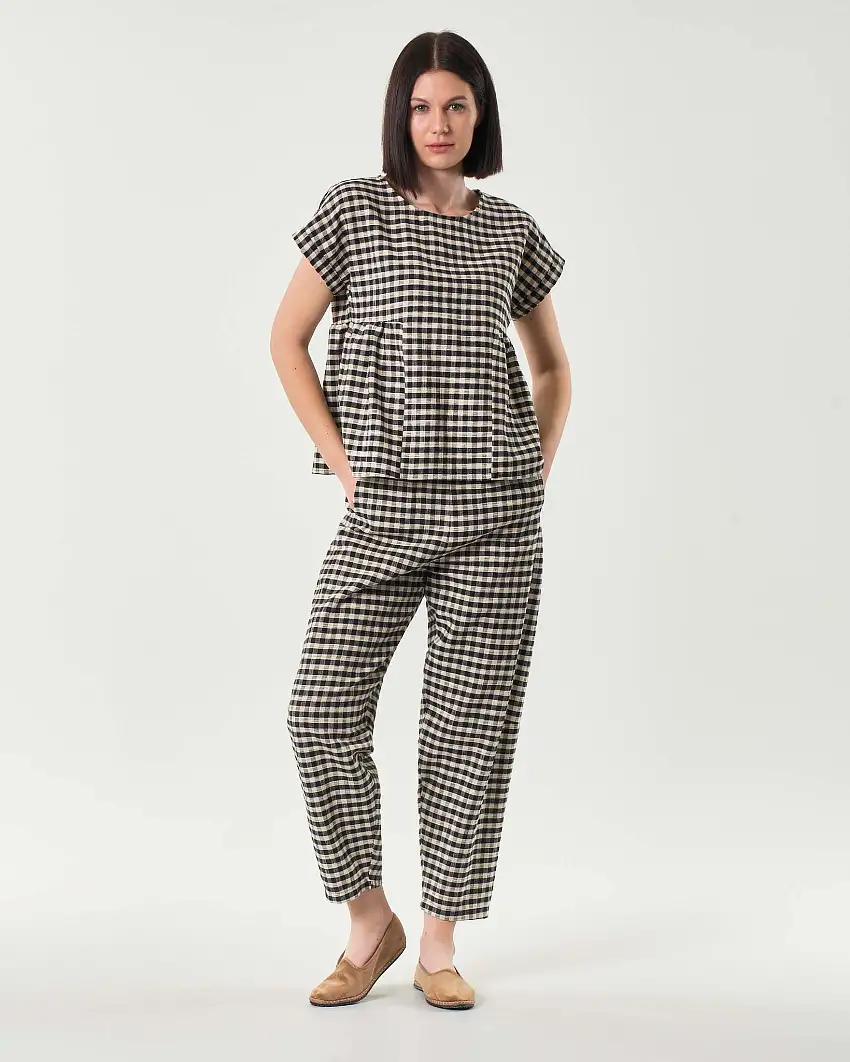 Pantaloni baloon in misto cotone garzato a fantasia quadretti Vichy con elastico inserito in vita