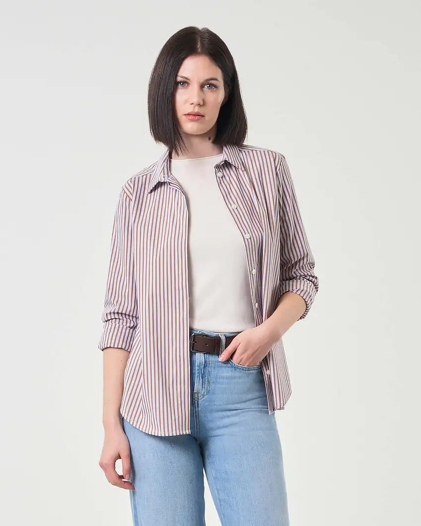 Camicia azzurra in cotone stretch a righe marroni