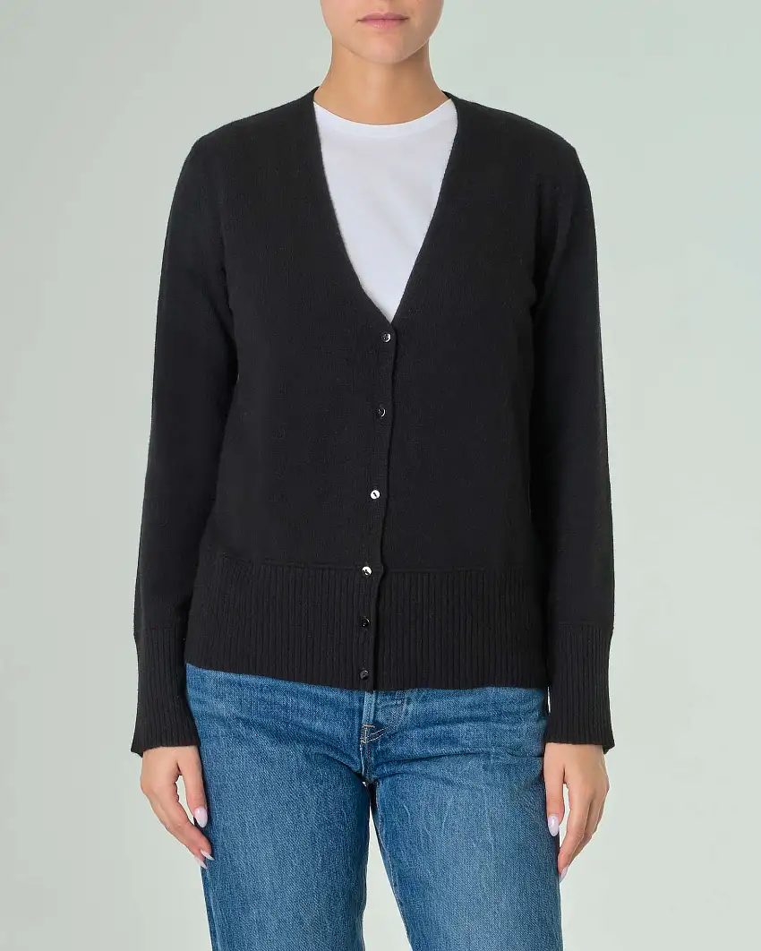 Cardigan nero in misto lana merino con fondo alto lavorato a costine