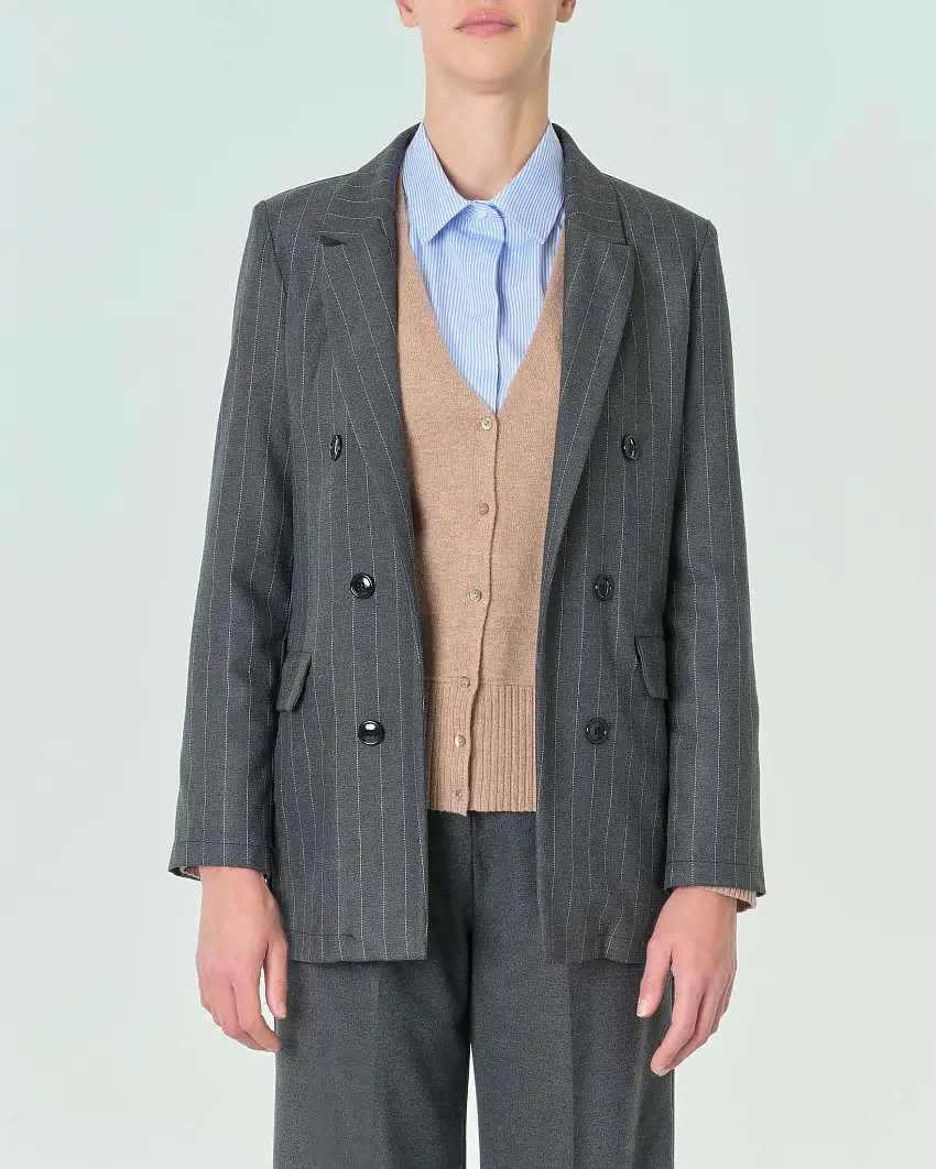 Blazer grigio antracite gessato in misto viscosa con bottoni applicati