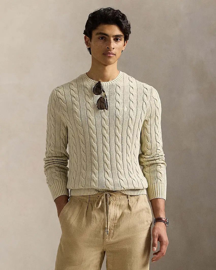Maglia beige girocollo in puro cotone lavorata a trecce
