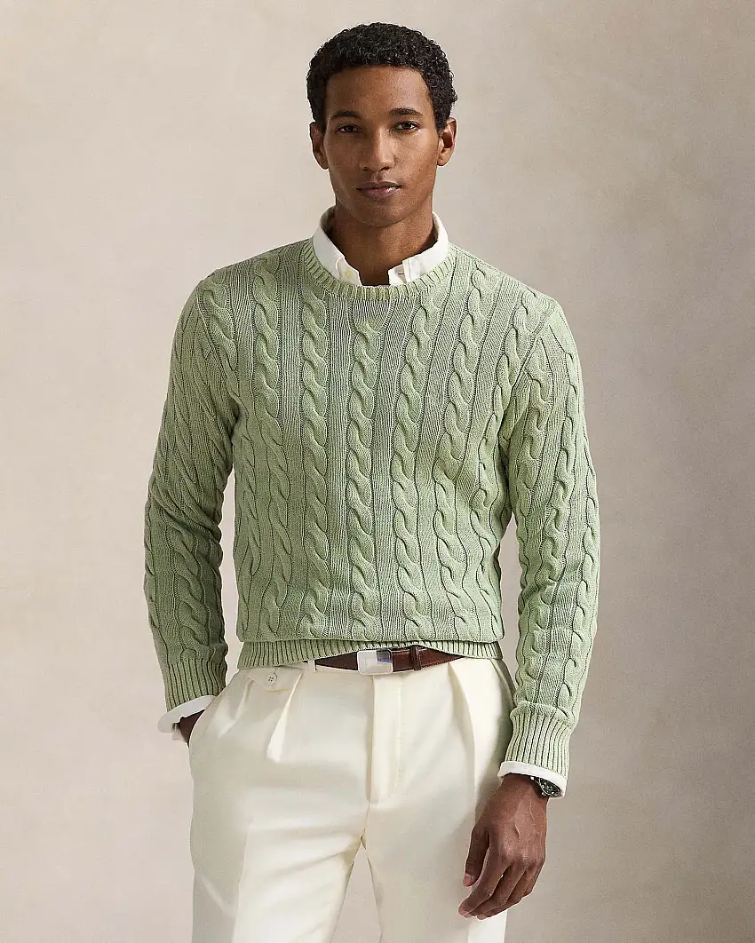 Maglia salvia girocollo in puro cotone lavorata a trecce