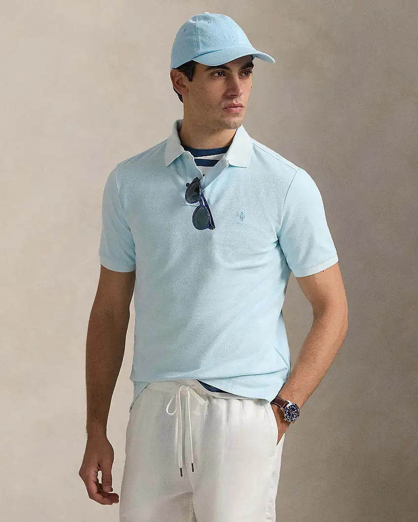 Polo azzurra custom slim-fit mezza manica in piquè di puro cotone