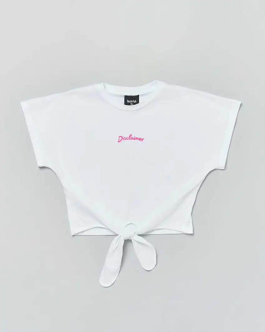 T-shirt bianca cropped con nodo in vita