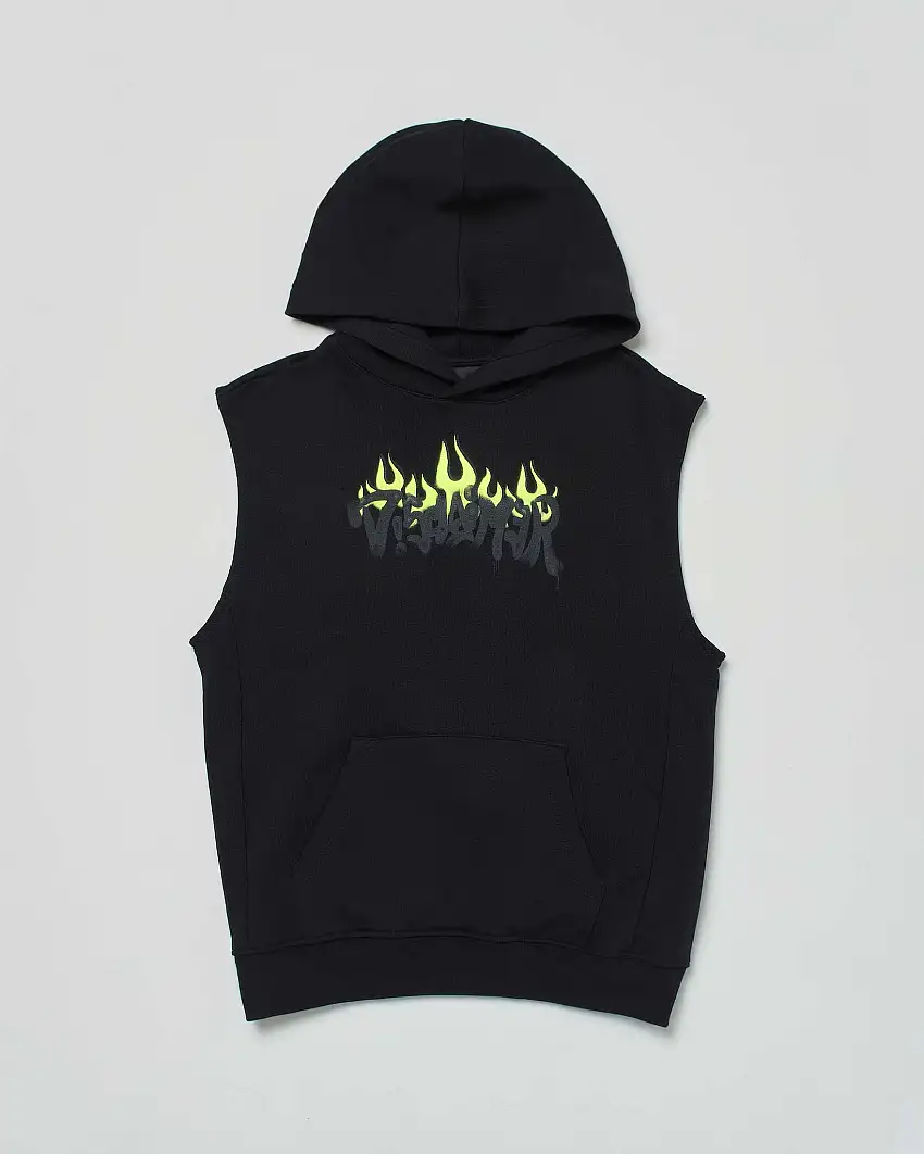Felpa gilet nera con cappuccio e logo in fiamme