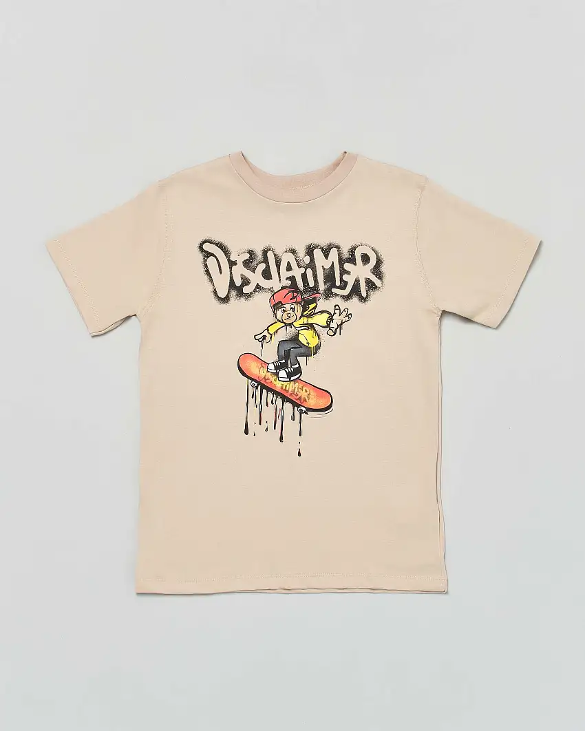 T-shirt beige con stampa logo e skate
