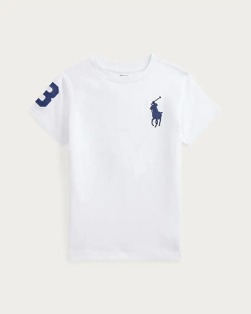 T-shirt Polo Ralph Lauren bianca girocollo con maxi logo pony e numero sulla manica