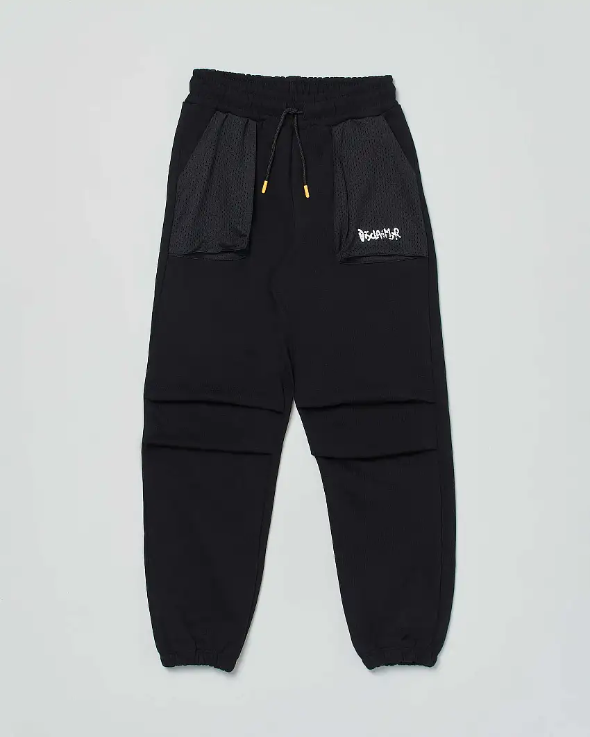 Pantalone jogger nero in felpa di cotone con tasconi in mesh