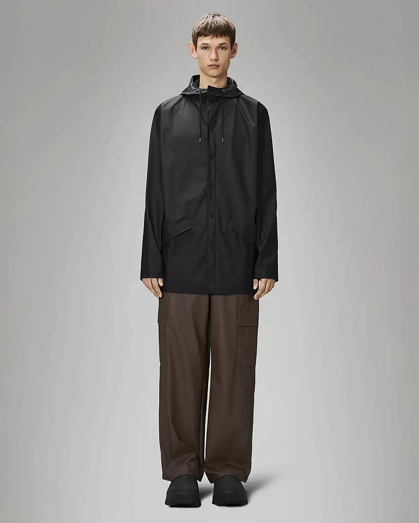 Jacket Rains antipioggia impermeabile nera con cappuccio in tessuto impermeabile effetto gommato