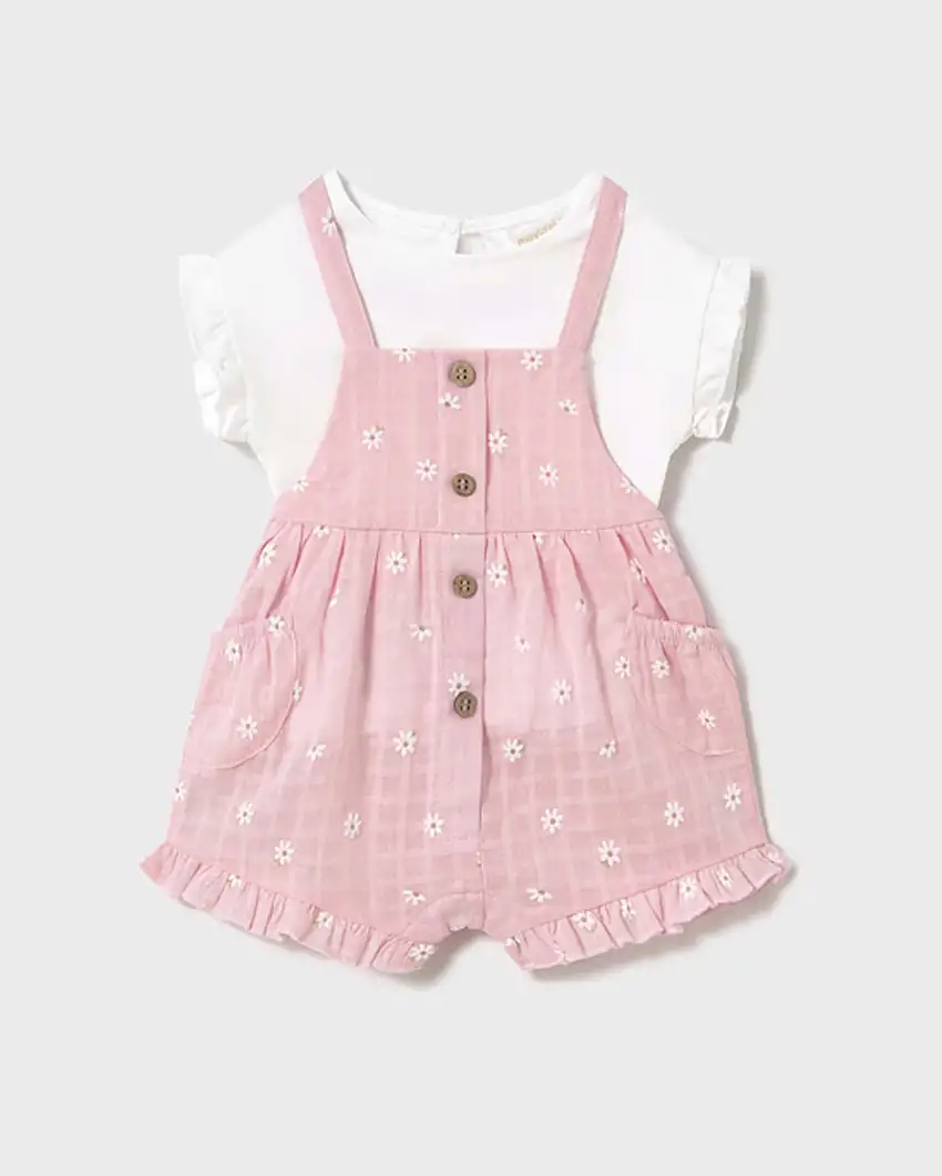 Set salopette rosa con fiorellini e t-shirt bianca