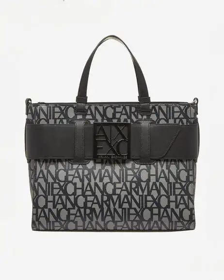 Borsa a mano nera misura grande in similpelle con scritta gesso logo all over con maxi fibbia logo a specchio tono su tono