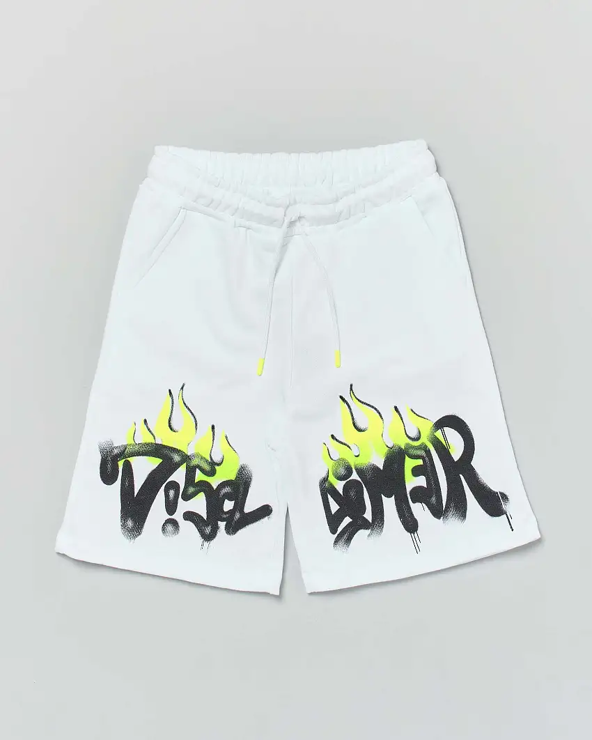 Bermuda bianco in felpa con grafica maxi logo e fiamme