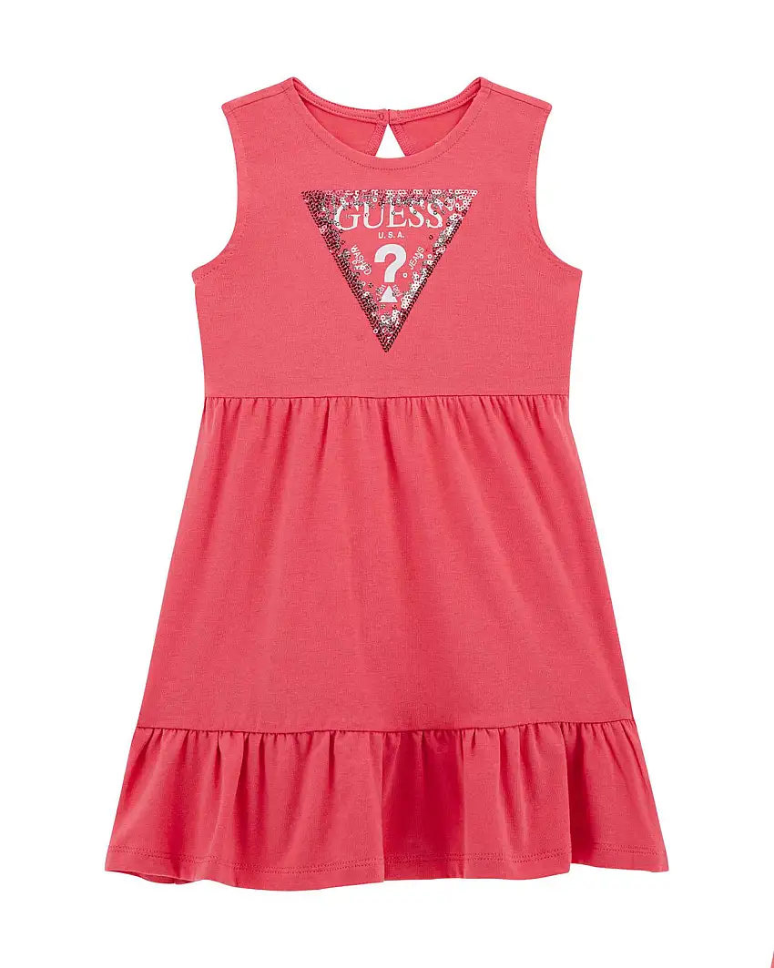 Abito fucsia in jersey di cotone stretch senza maniche con balze