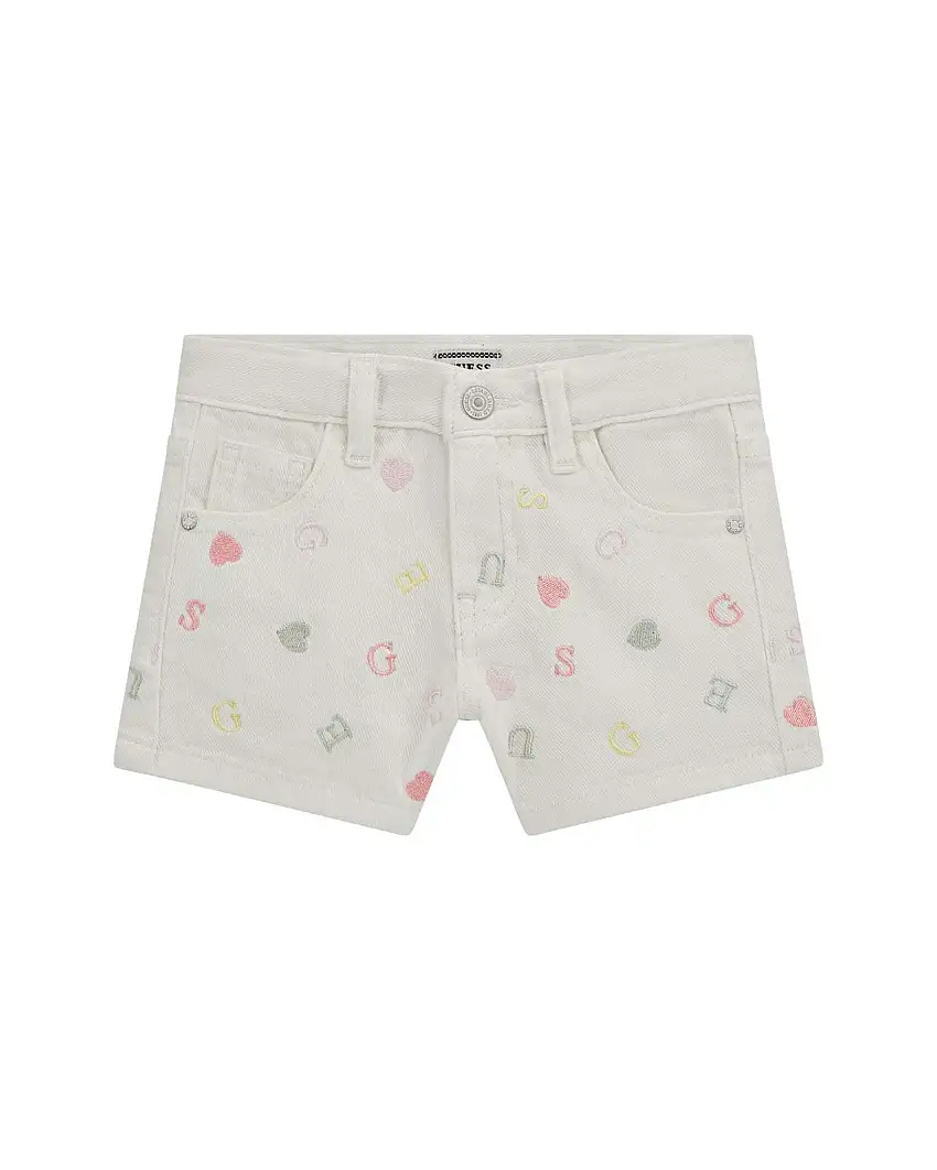 Short bianco in denim di puro cotone con ricami lettering colorati all-over