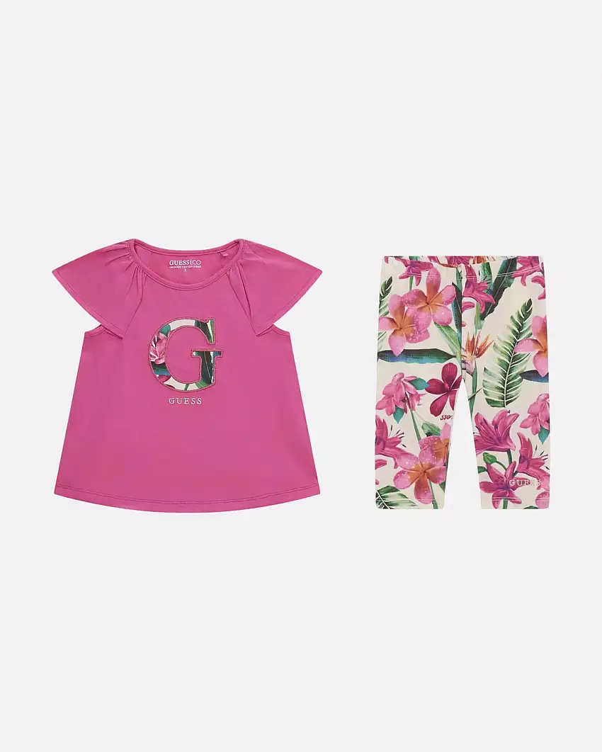 Completo t-shirt e leggins in cotone stretch fucsia con fantasia tropicale