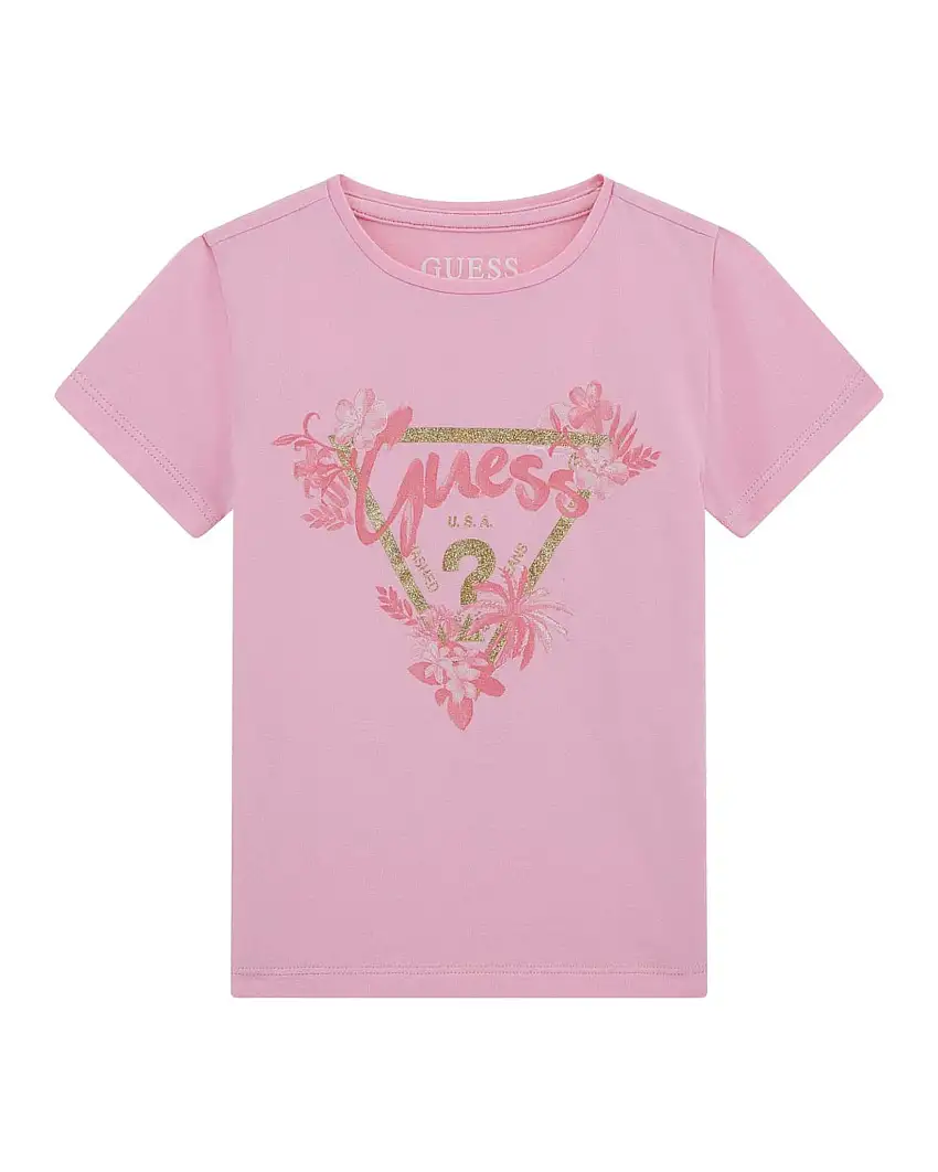 T-shirt rosa in cotone stretch a maniche corte con scollo rotondo e maxi logo triangolo con fiori