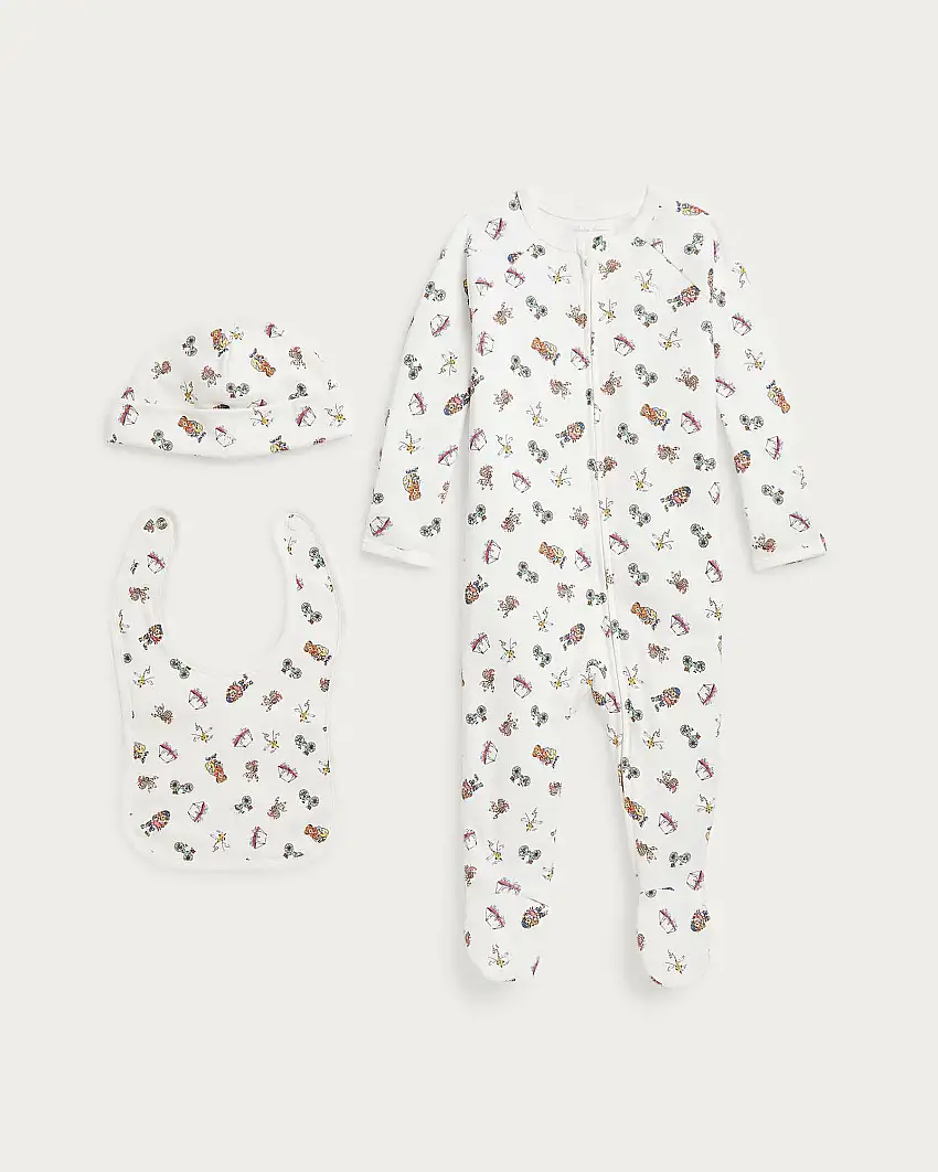 Set tutina Polo Ralph Lauren cappellino e bavaglino bianchi in fantasia multicolor