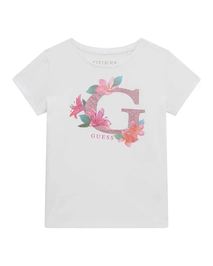 T-shirt bianca in cotone stretch a maniche corte con scollo rotondo e maxi logo G glitterato con fiori
