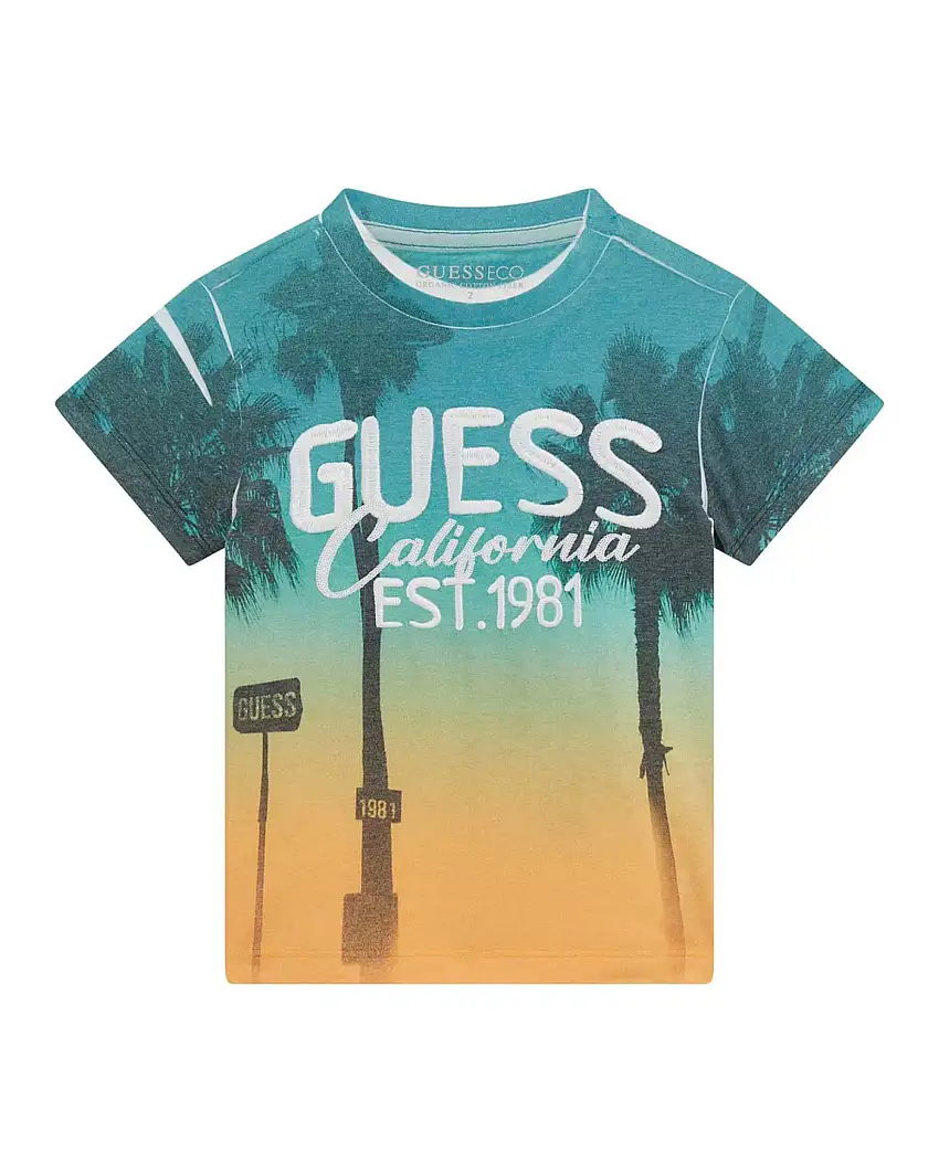 T-shirt multicolor in misto cotone con stampa palme e scritta logo ricamata