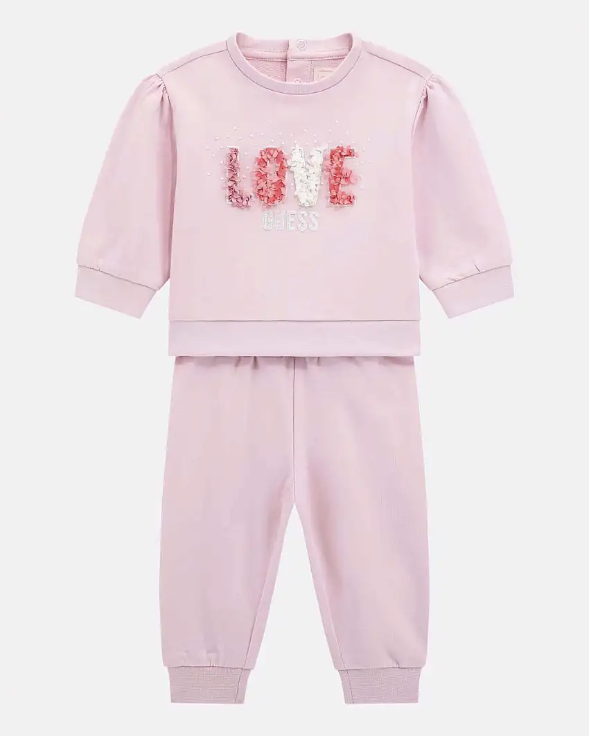 Completo maglia e pantalone rosa in felpa di puro cotone con scritta Love a petali