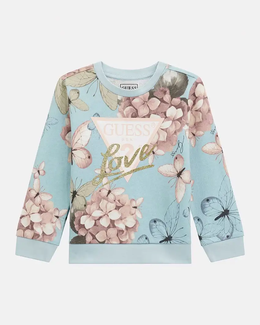 Felpa girocollo color acqua in puro cotone con fantasia farfalle e logo triangolo