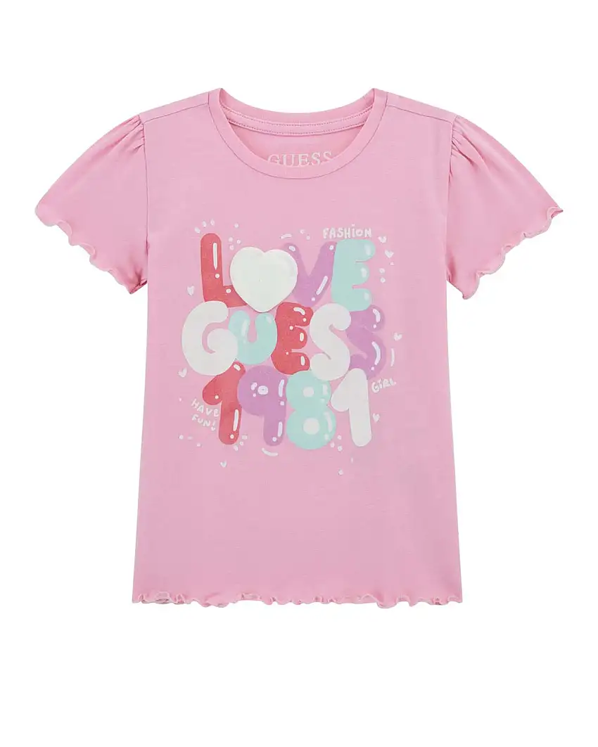 T-shirt rosa in cotone stretch a maniche corte con scollo rotondo e maxi scritta Love Guess 1981