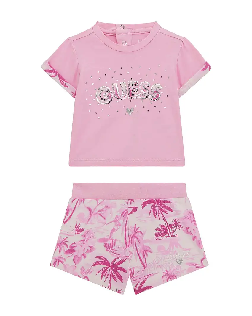Completo t-shirt e short rosa in cotone stretch con fantasia palme