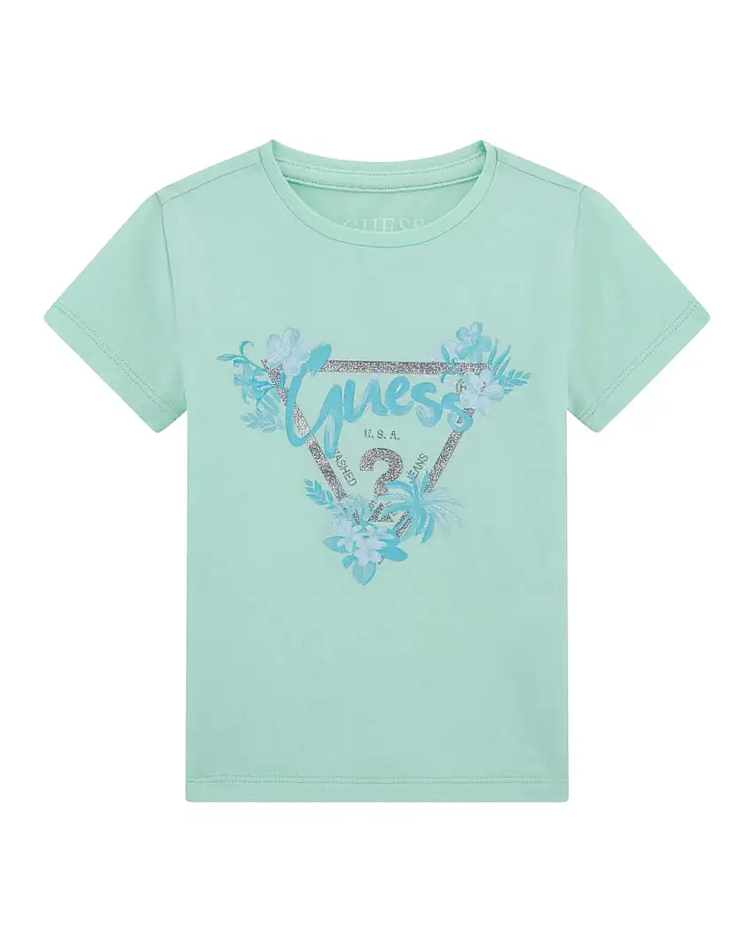 T-shirt verde acqua in cotone stretch a maniche corte con scollo rotondo e maxi logo triangolo con fiori