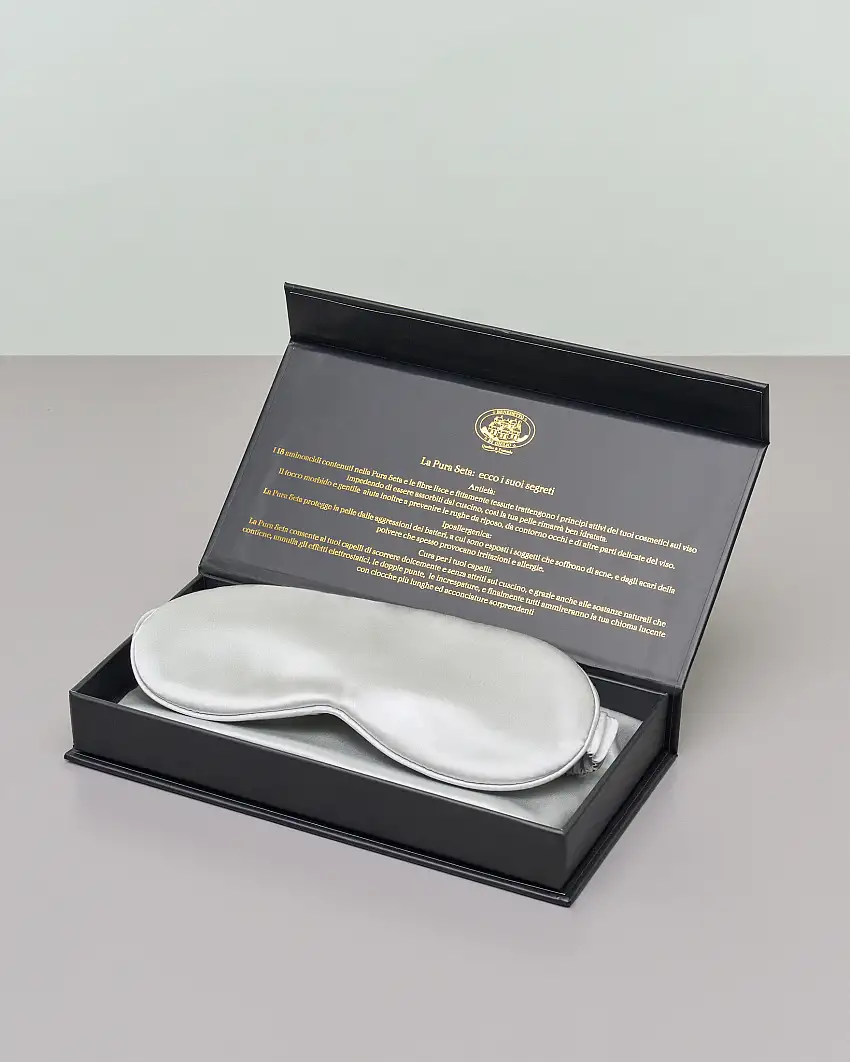 Cofanetto federa, mascherina e scrunchie color argento in pura seta di gelso