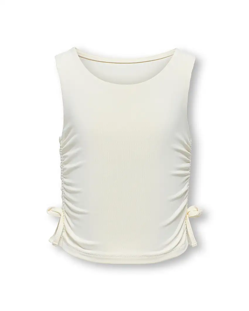 T-shirt a canotta cropped avorio con arricciature laterali