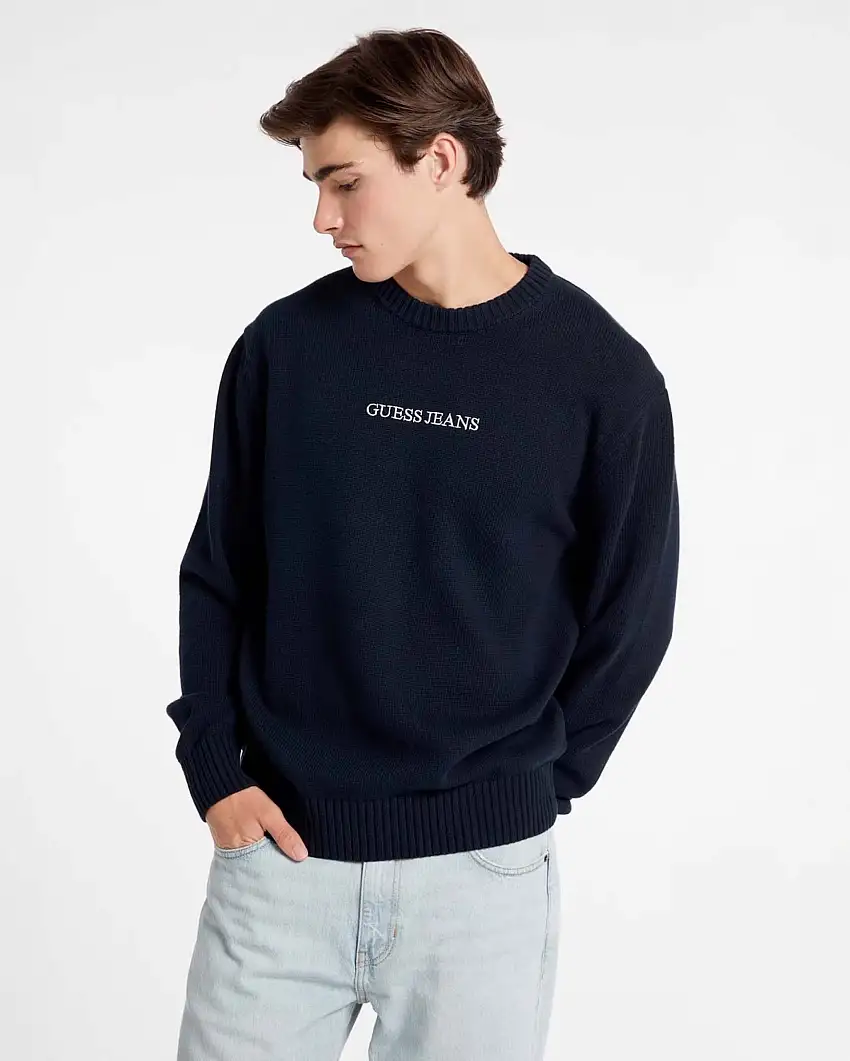 Maglia girocollo Guess Jeans blu in puro cotone con logo scritta ricamata davanti