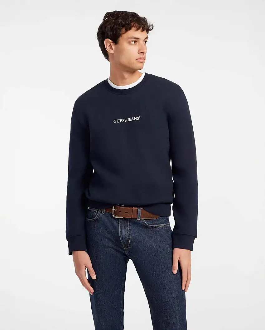 Felpa girocollo Guess Jeans blu in cotone con logo scritta ricamata davanti