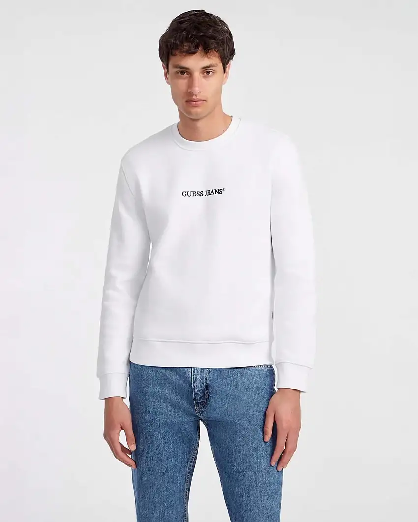 Felpa girocollo Guess Jeans bianca in cotone con logo scritta ricamata davanti