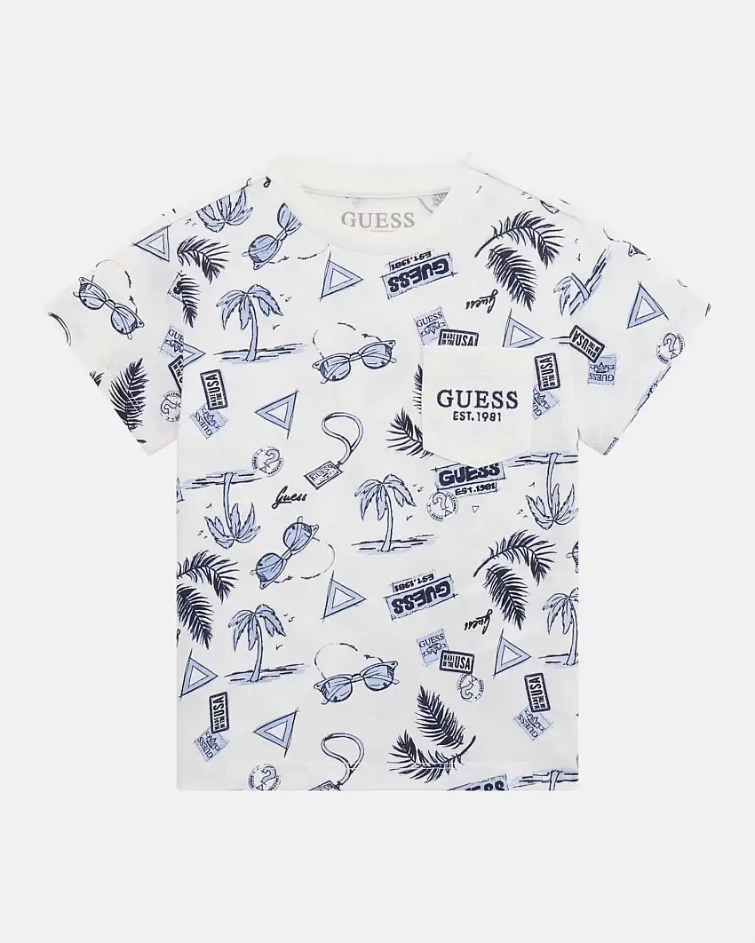 T-shirt bianca mezza manica in puro cotone con taschino e stampe grafiche blu all over