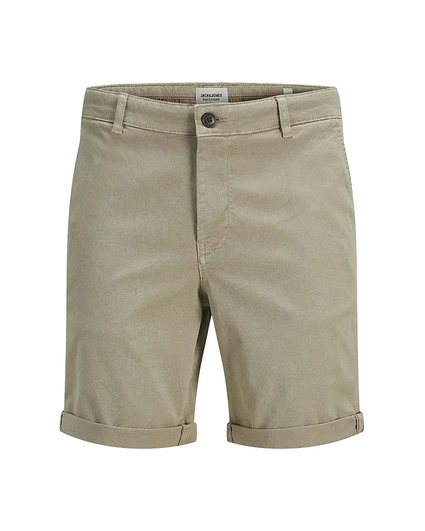 Bermuda chino beige in tessuto armaturato di cotone stretch con risvolti al fondo