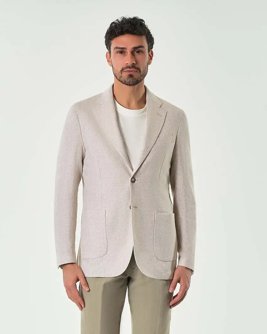 Blazer Ashki.i beige in tessuto ad armatura chevron di cotone e lino con tasche applicate